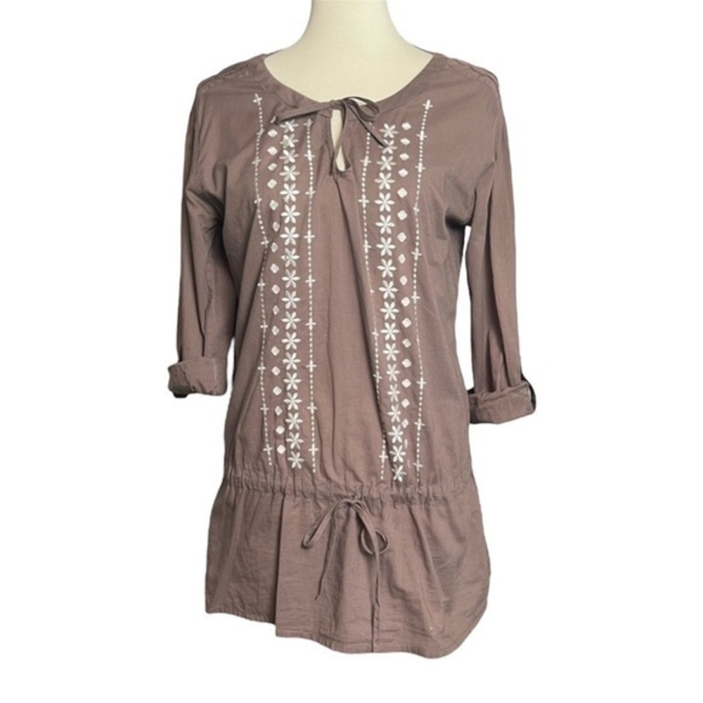 Prana Taupe Brown Embroidered Roll Tab Tie Peasant Blouse Tunic - Size Medium